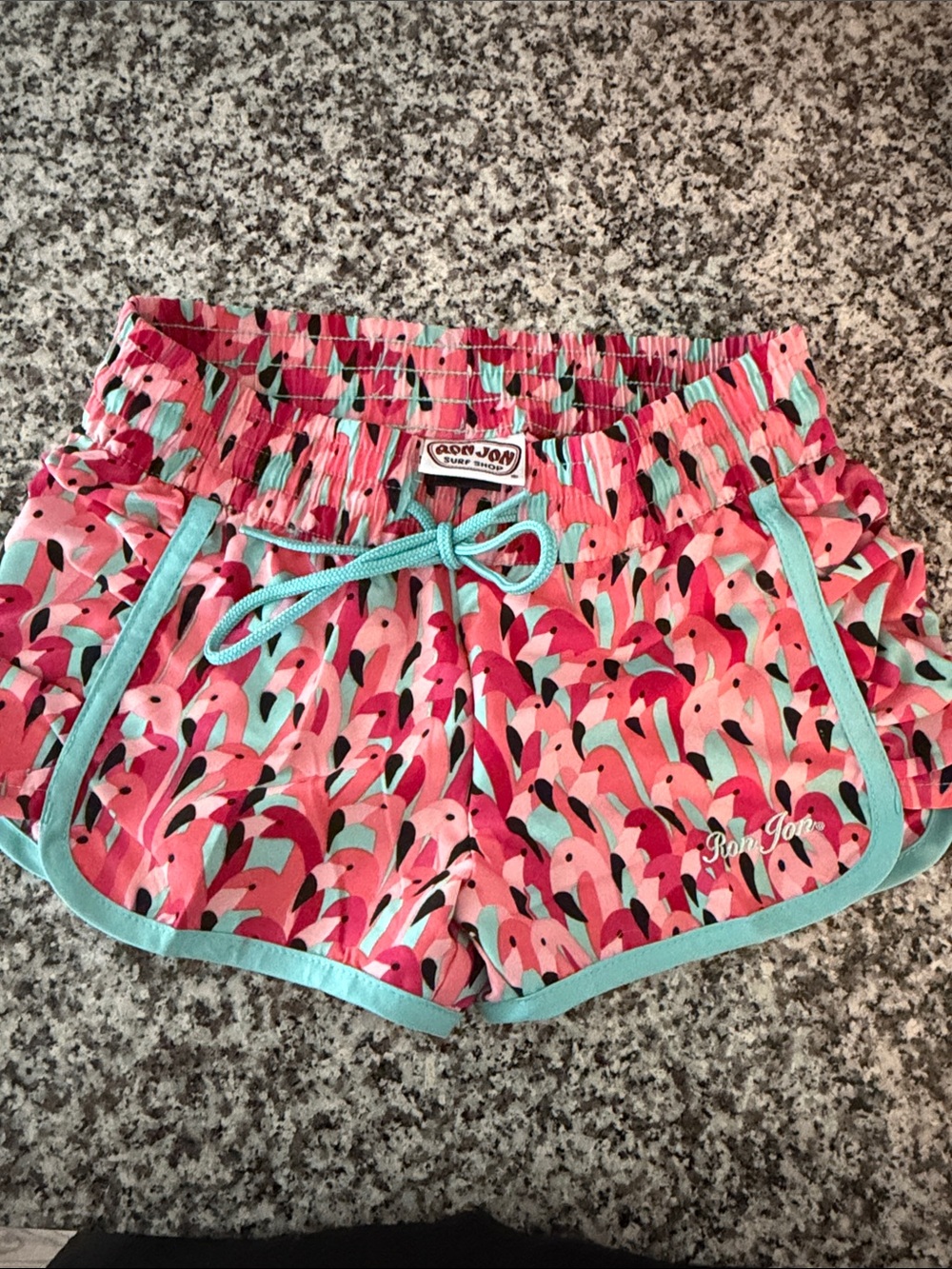 GIRLS BOARD SHORTS 🦩Ron Jon Pink Tropical Flamingo Print Shorts with Aqua Trim